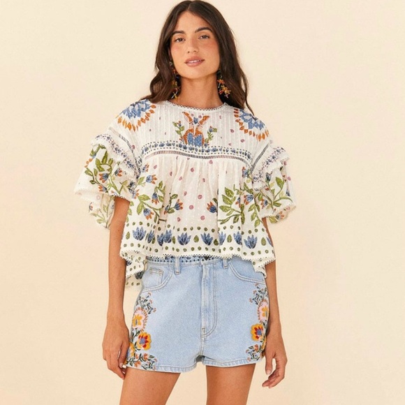 FARM RIO Summer Garden Embroidered Denim Shorts Size 31 - Picture 14 of 16